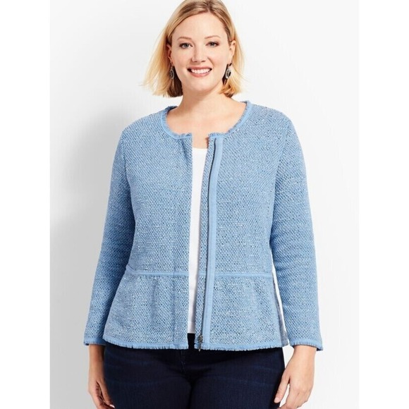 Talbots Womens Space Dyed Tweed Sweater Jacket Size 3X Blue Full Zip Peplum Hem - Picture 2 of 15
